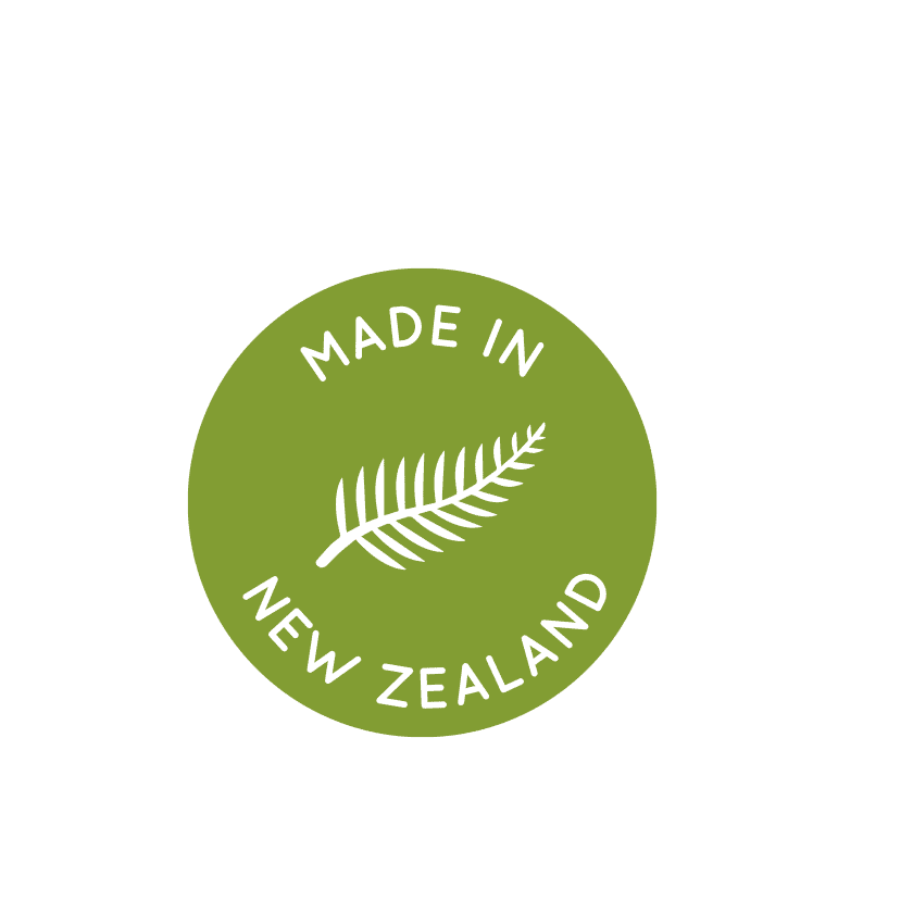 moving GIF of a green Made in New Zealand logo with fern in middle. A brown winking leaf emoji is appearing 