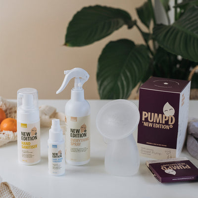 lifestyle photo of New Edition Sanitisers and Pumpd Breast Milk Pump Full range including adult hand sanitiser, everything spray, baby hand sanitisier and pumpd silicone breast pump and silicone pump lid