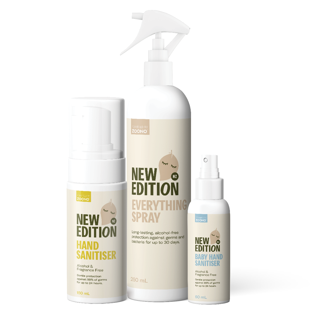New Edition Hand And Surface Sanitising Pack including the adult foaming hand sanitiser, everything spray for surfaces and baby hand sanitiser spray