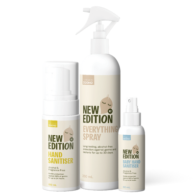 New Edition Hand And Surface Sanitising Pack including the adult foaming hand sanitiser, everything spray for surfaces and baby hand sanitiser spray