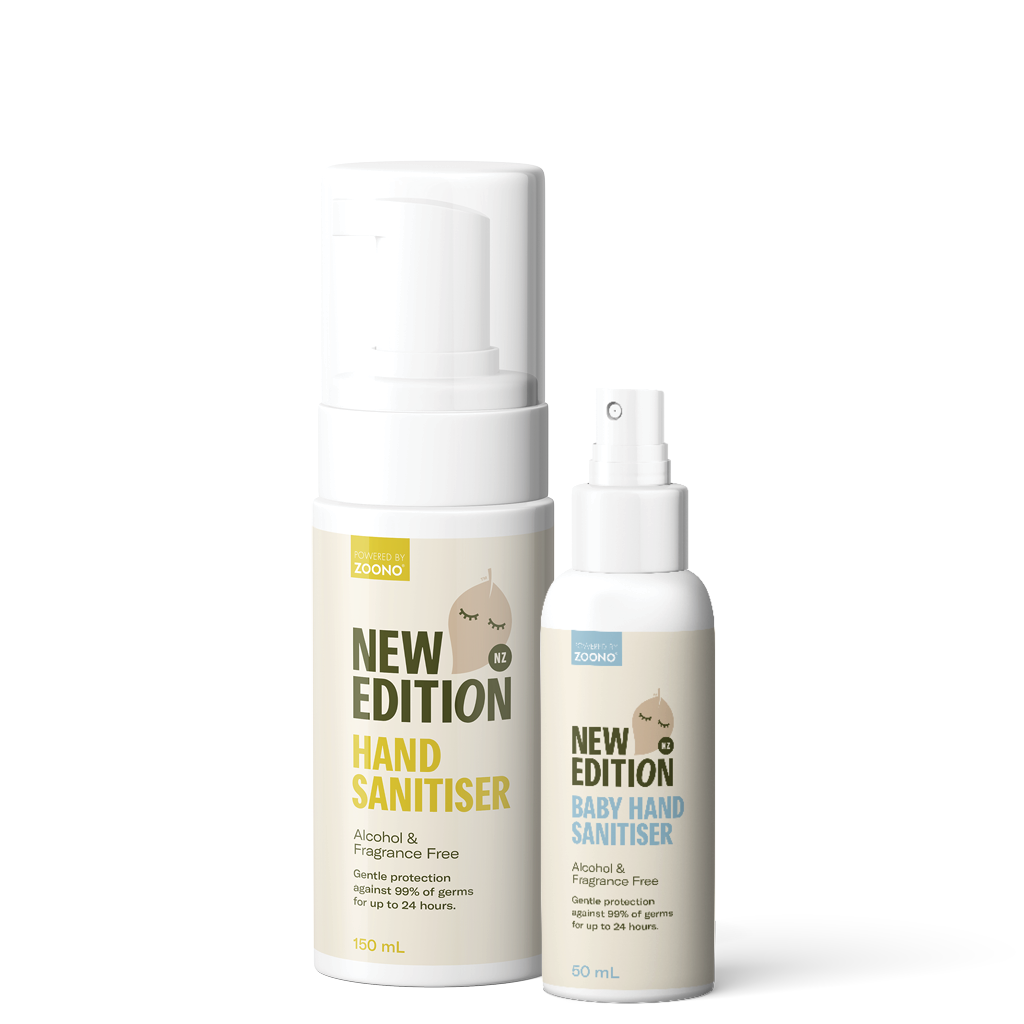 popular New Edition NZ family sanitising pack which includes 150ml adult hand sanitiser and baby hand sanitiser spray