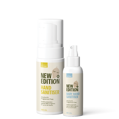 popular New Edition NZ family sanitising pack which includes 150ml adult hand sanitiser and baby hand sanitiser spray